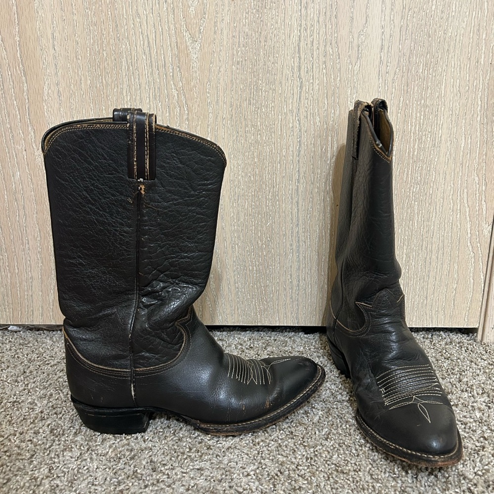 Vintage Tony Lama Classic Black Leather Western Cowboy Boots Men's Brown Size 7D
